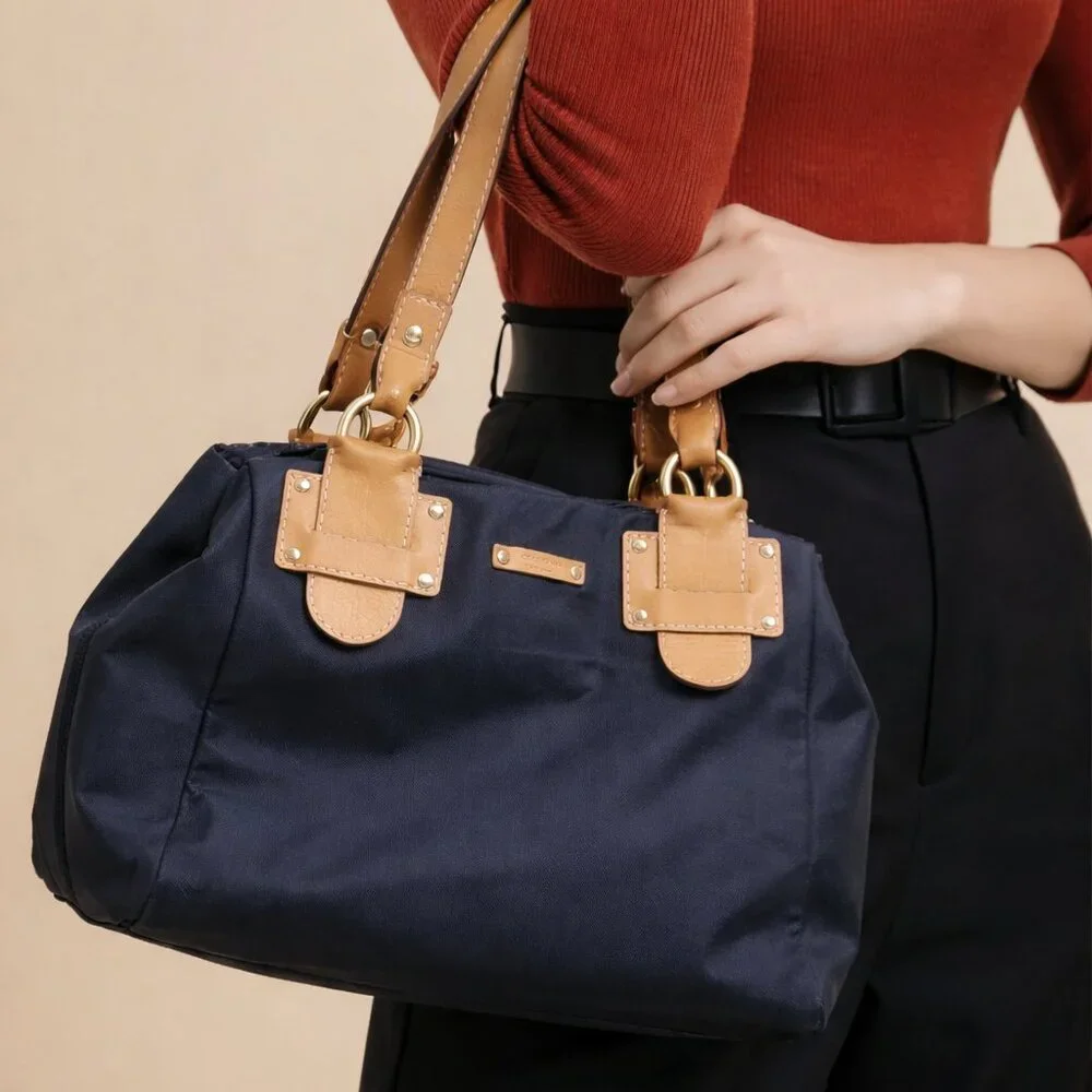 Kate Spade Silky Soft Black Tote Type Handbag‎ with Brown Leather Straps
